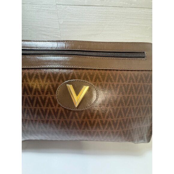 Authentic Valentino Brown Leather Monogram‎ Clutch Bag With Gold V Logo & Zipper - Picture 6 of 11
